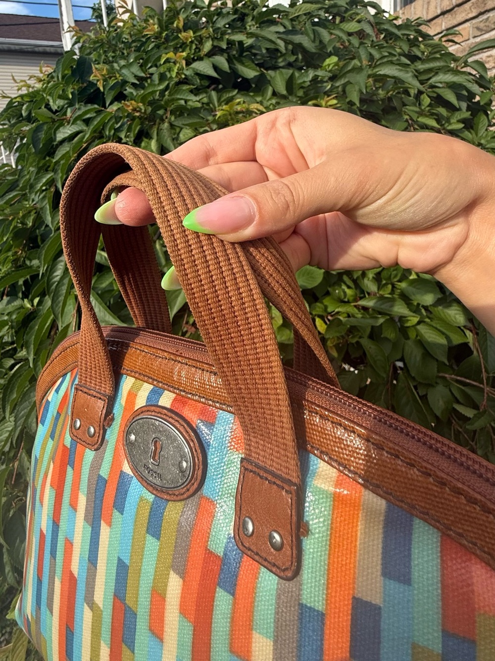 Fossil Vintage Y2K Multicolor Leather Geometric Print Satchel Handle Bag Purse - Picture 2 of 6